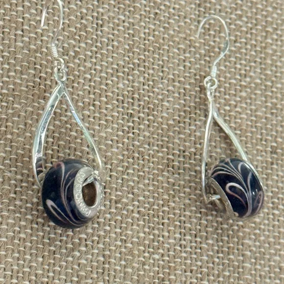 Pandora S925 sterling silver murano glass dangle earrings swirl black pink - Picture 2 of 3